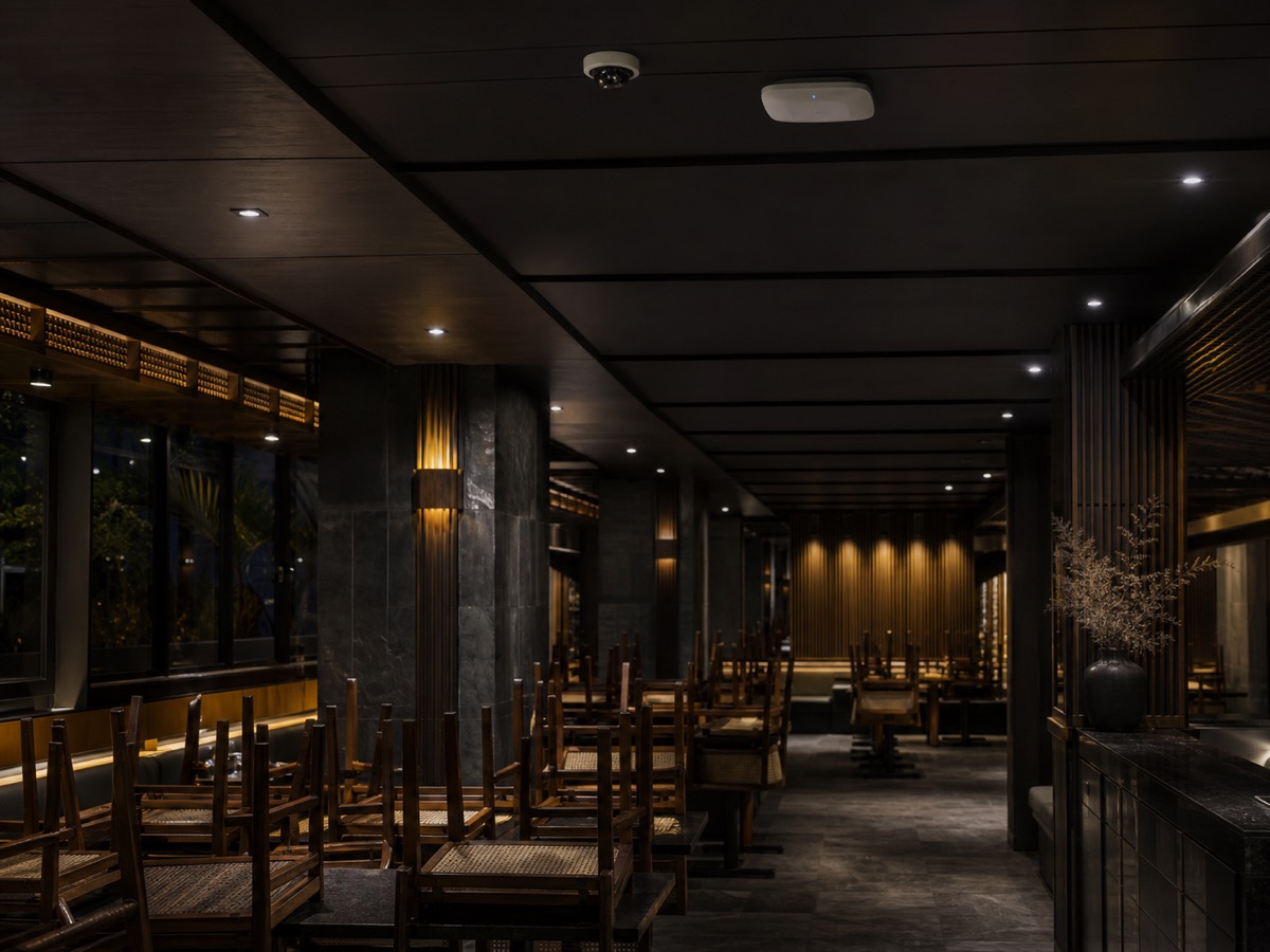 Interior cafe setelah tutup dengan kamera dan titik jaringan terpasang