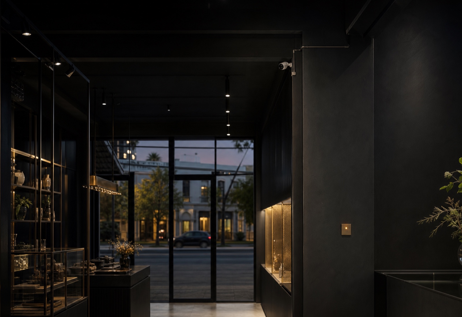 Interior ruko modern dengan kamera dan panel kendali terpasang rapi