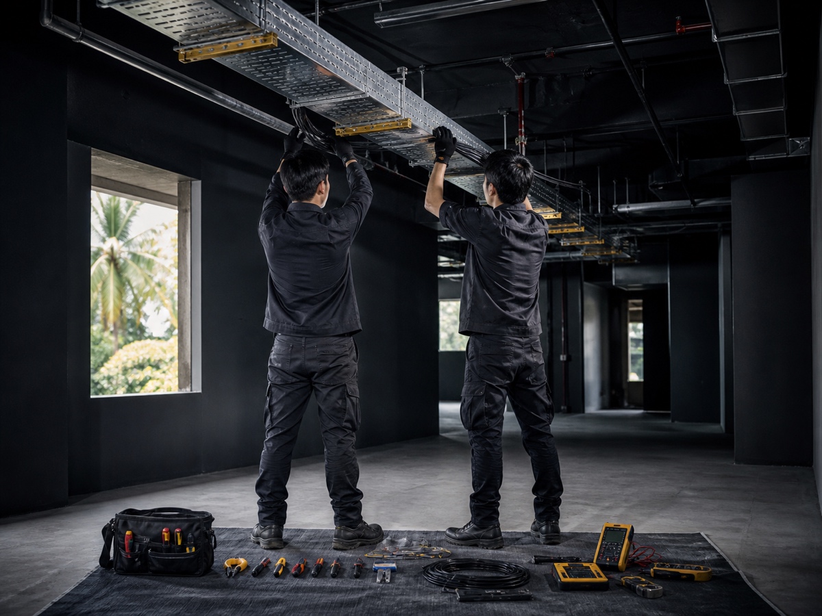 Dua installer menarik kabel melalui tray di plafon