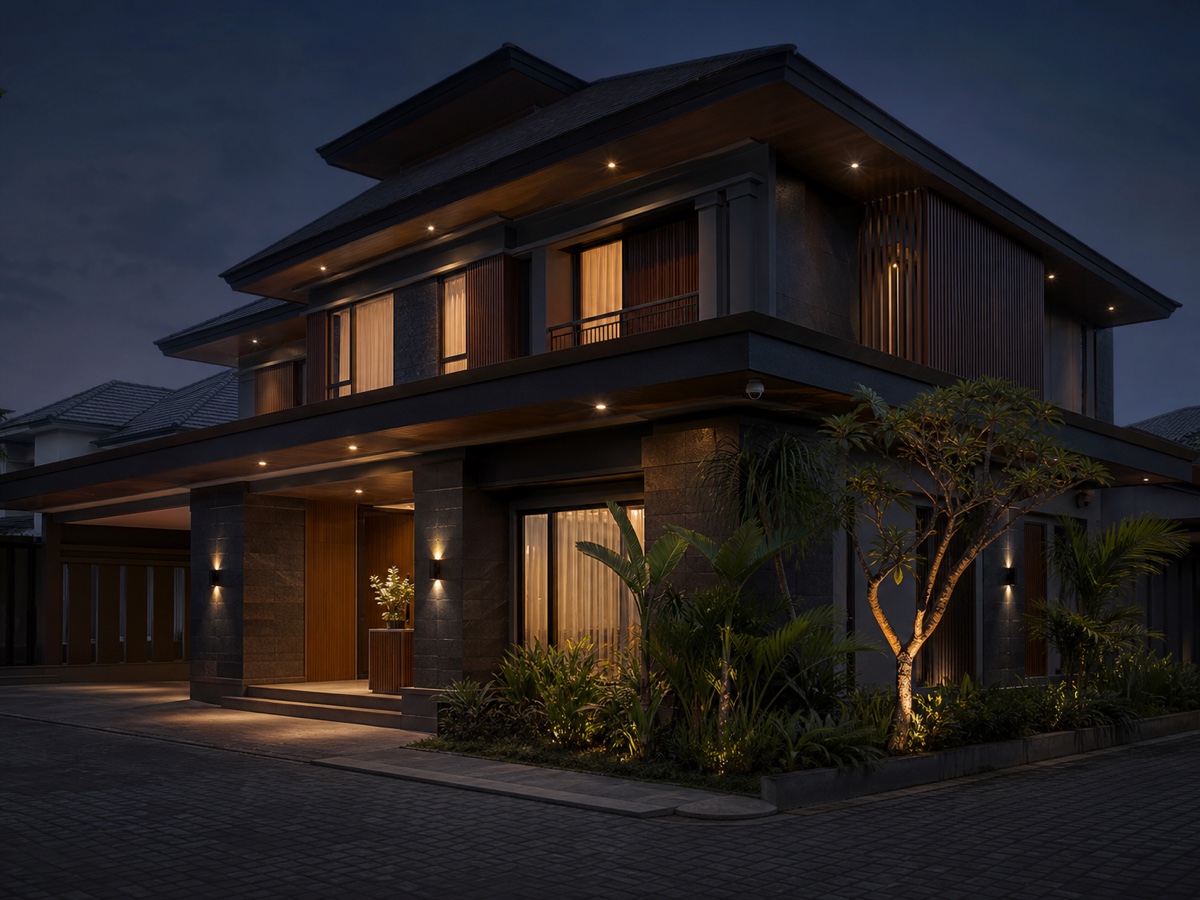 Rumah dua lantai di malam hari dengan kamera terpasang rapi